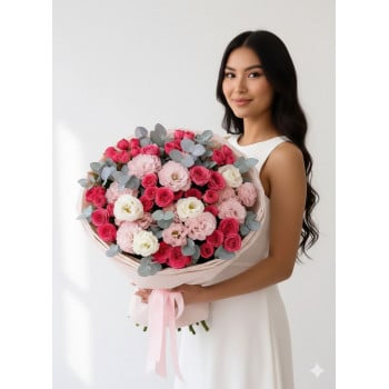 Букет из спрей роз, лизиантусов и эвкалипта Букет из спрей роз, лизиантусов и эвкалипта